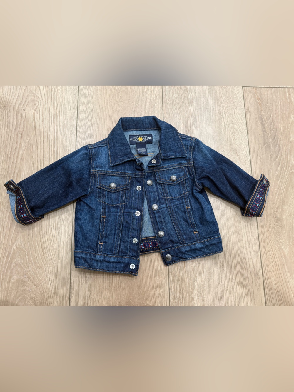 Lucky Brand Kids Dark Blue Denim Jacket with Embroidered Cuff Detail